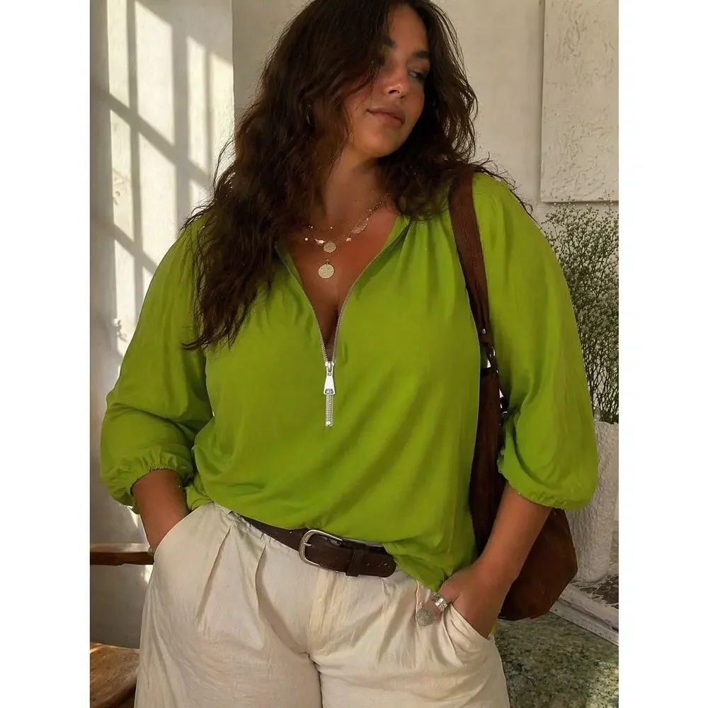 Carmen Marc Valvo Woman Green Blouse 3X Minimalist Zip Front Top - Picture 1 of 13